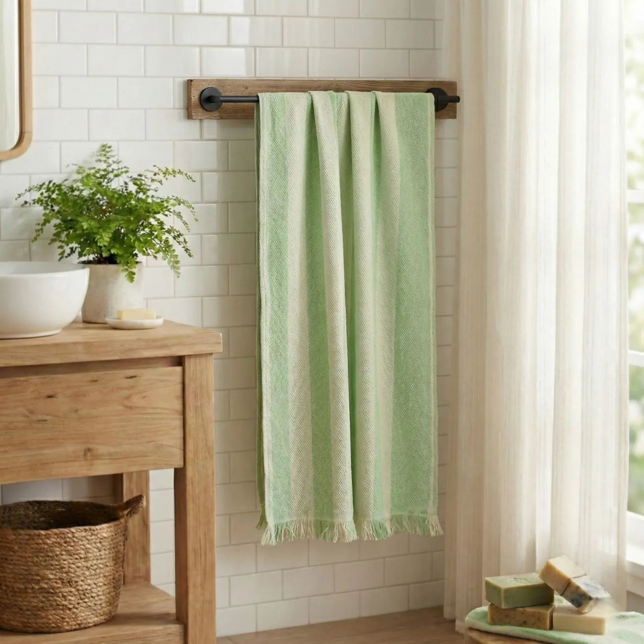 Bamboo Bath Towel hanging on a wooden rack in a bright bathroom with greenery.