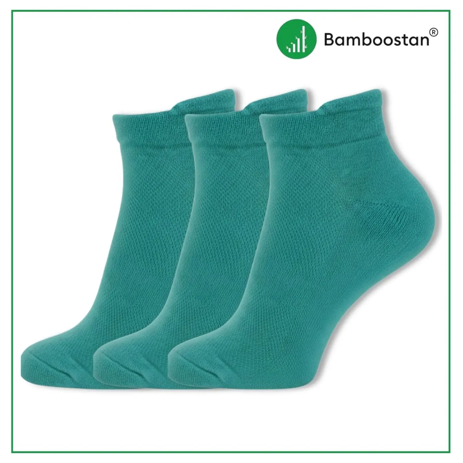 Three teal socks on a white background with Bamboostan logo.