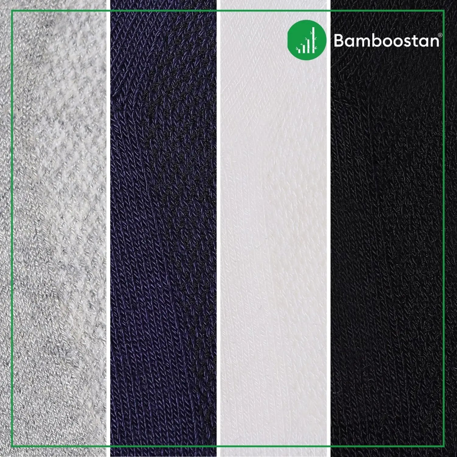 Textured fabric swatches in gray, navy, white, and black with Bamboostan logo.