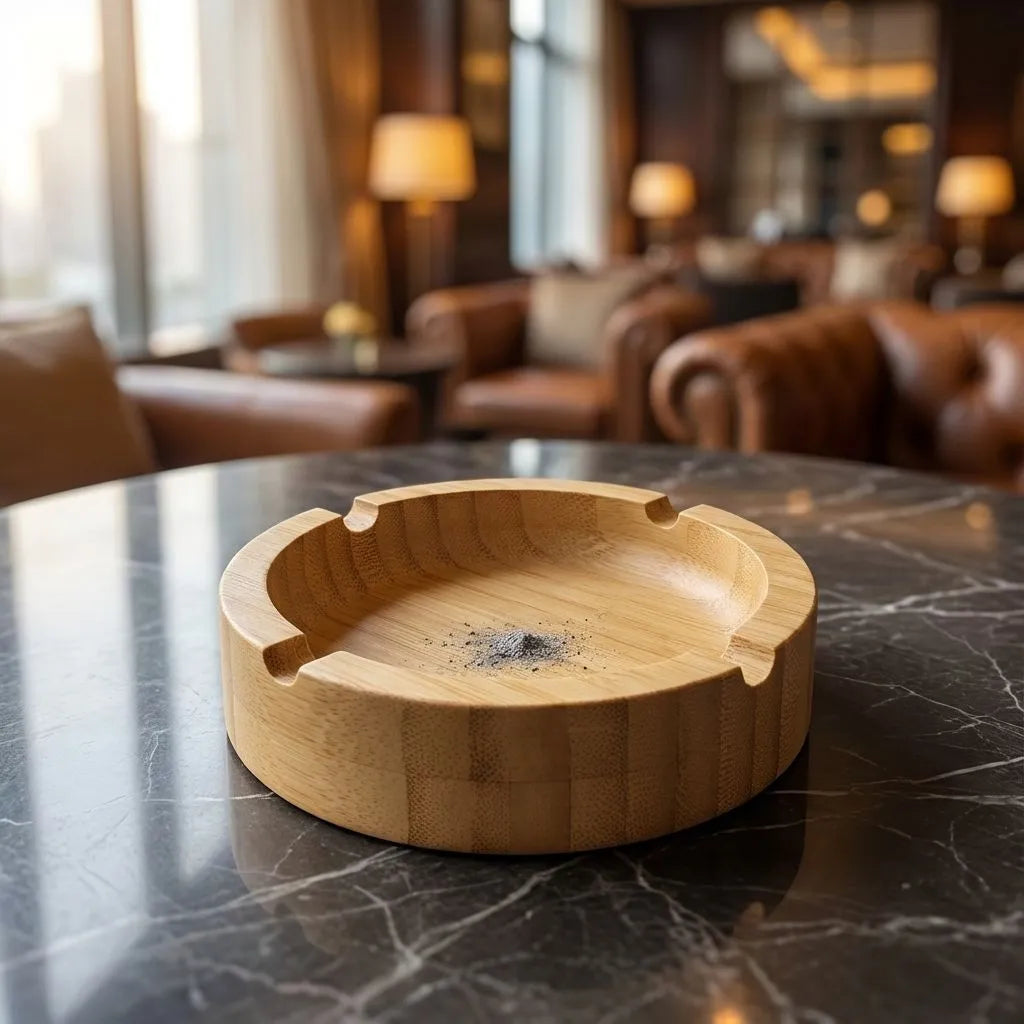 Bamboo round ashtray on a marble table in a stylish room with leather furniture.