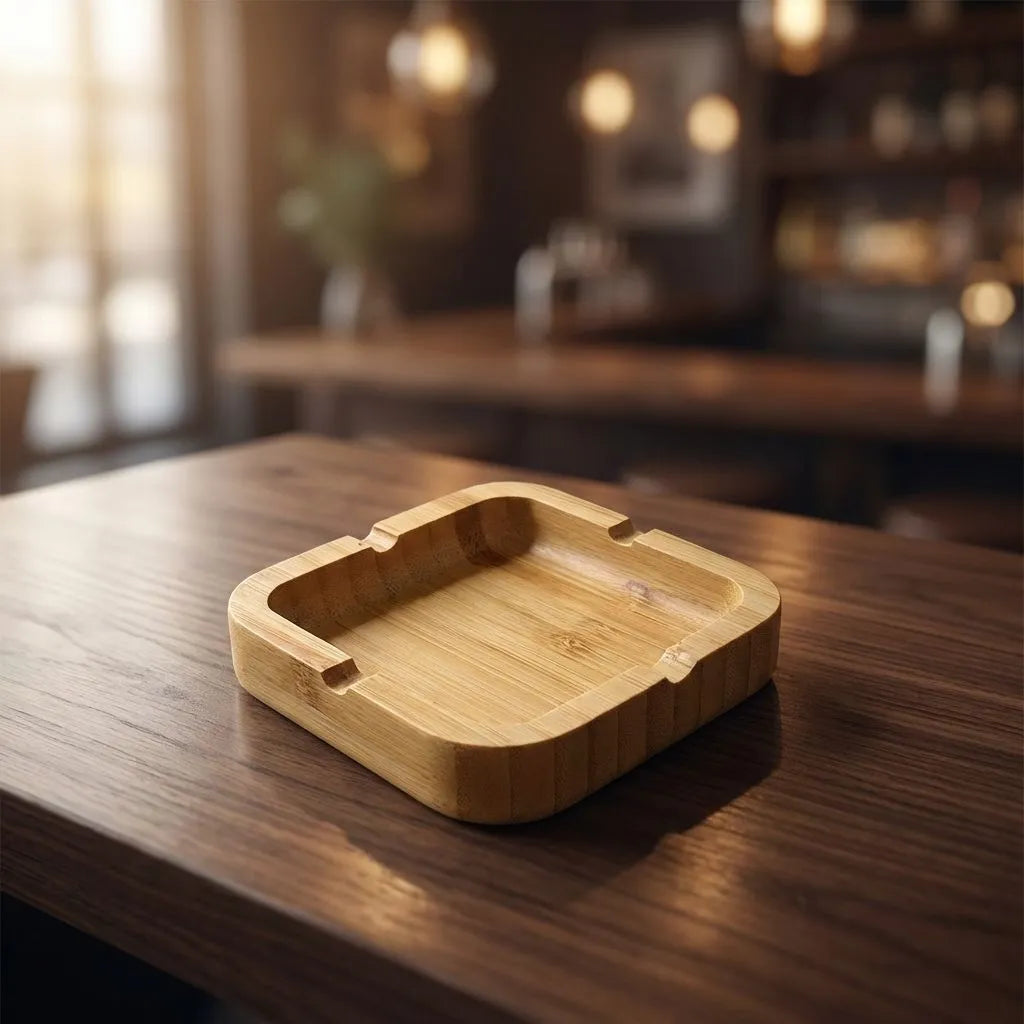 Bamboo square ashtray on a wooden table with a blurred bar background