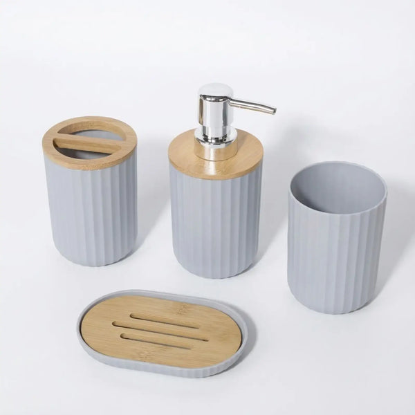 Bathroom accessory set with gray containers, bamboo lid, and soap dish on a white background