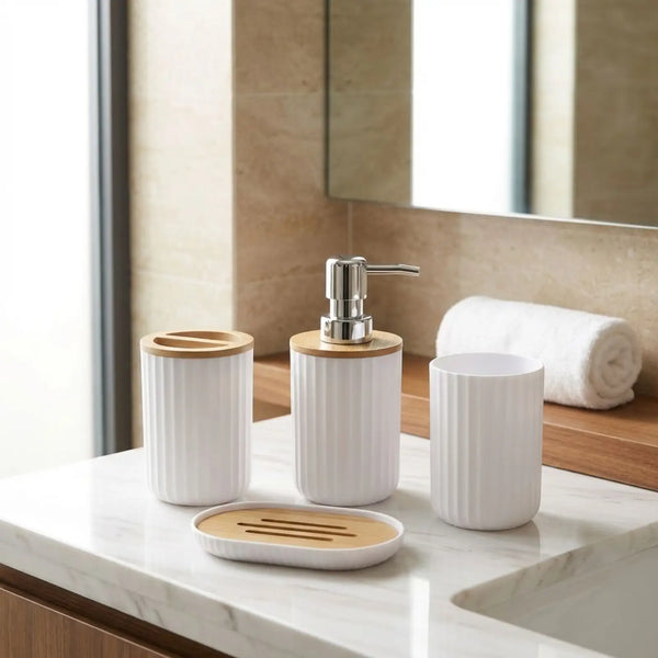 4-Piece Bathroom Accessory Set including soap dispenser, toothbrush holder, tumbler, and soap dish in modern design.