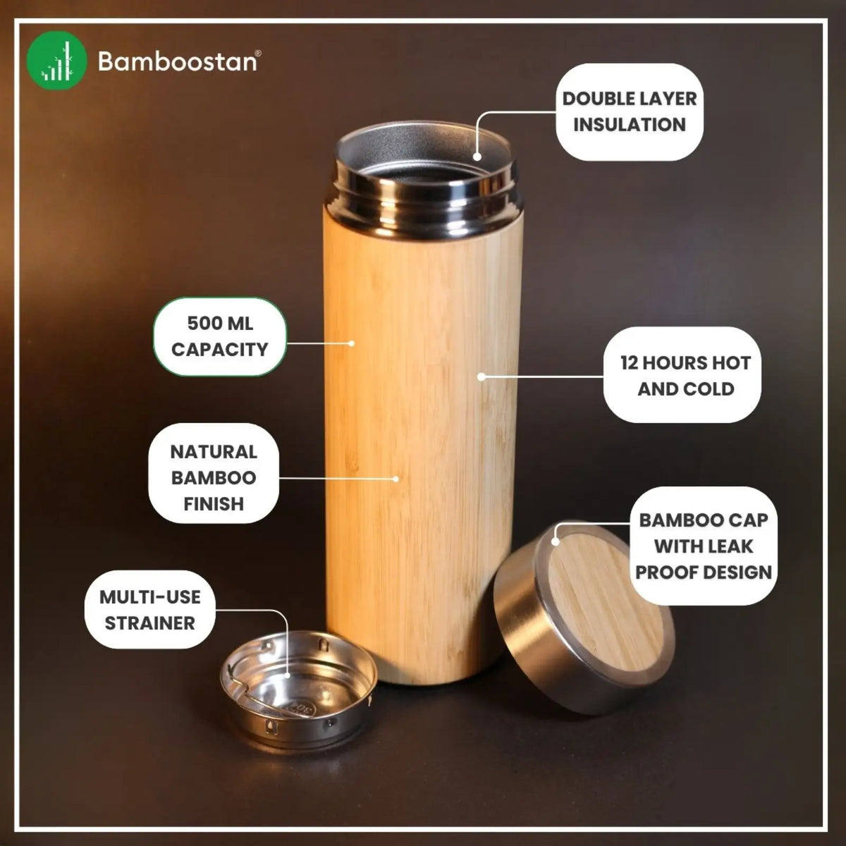 Bamboo bottle with features highlighted on a dark background