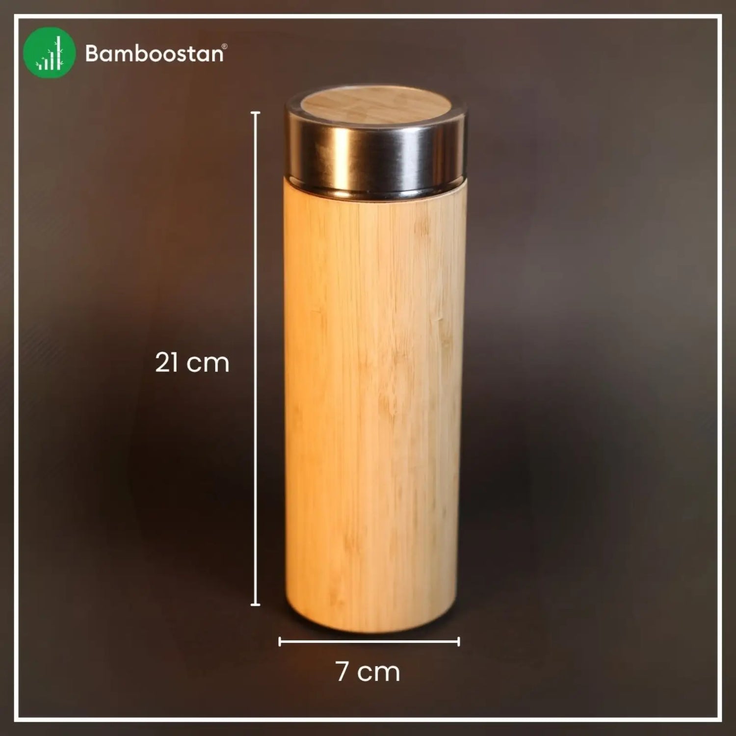 Bamboo water bottle with dimensions on a dark background.