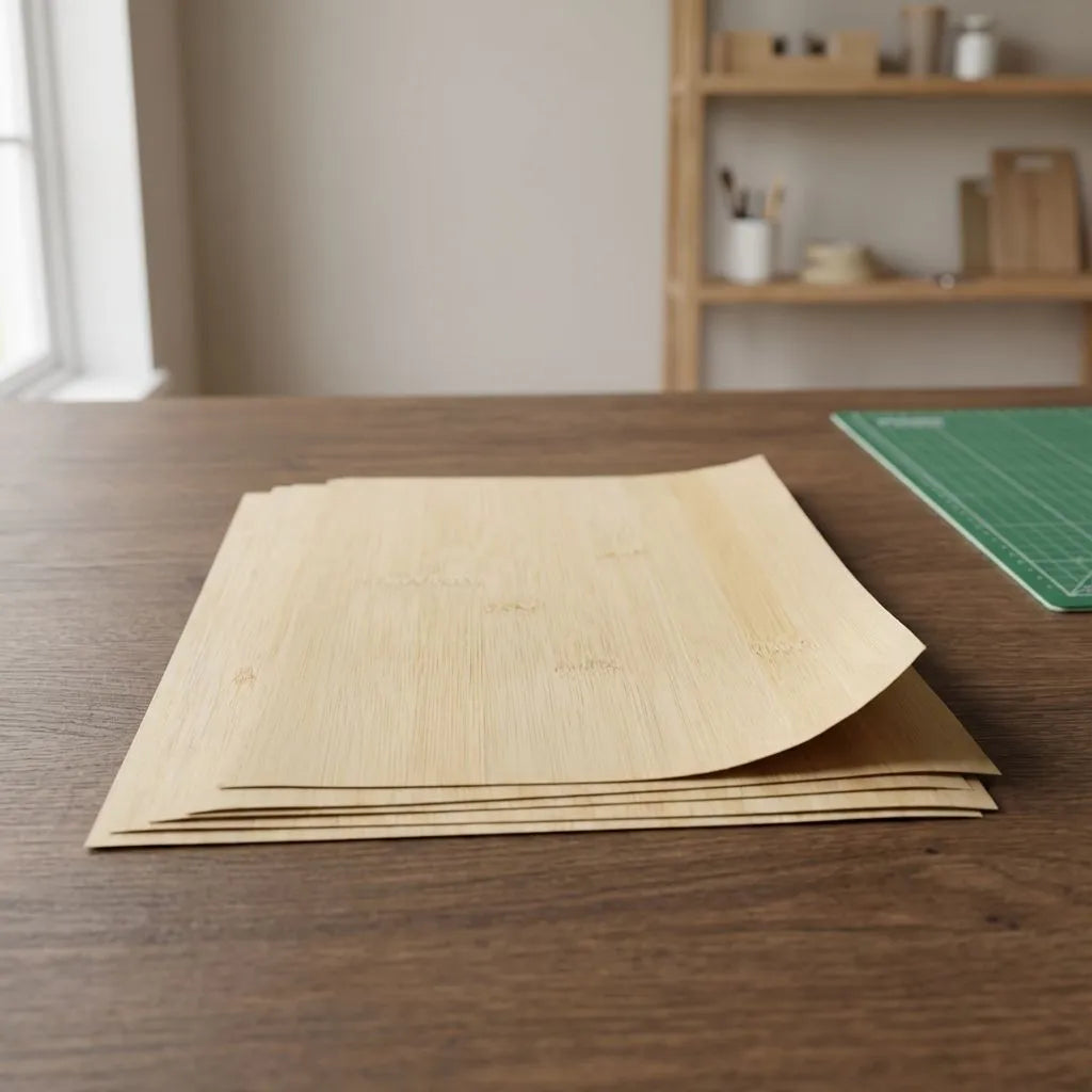 Stack of bamboo craft sheets on a wooden table with a blurred background