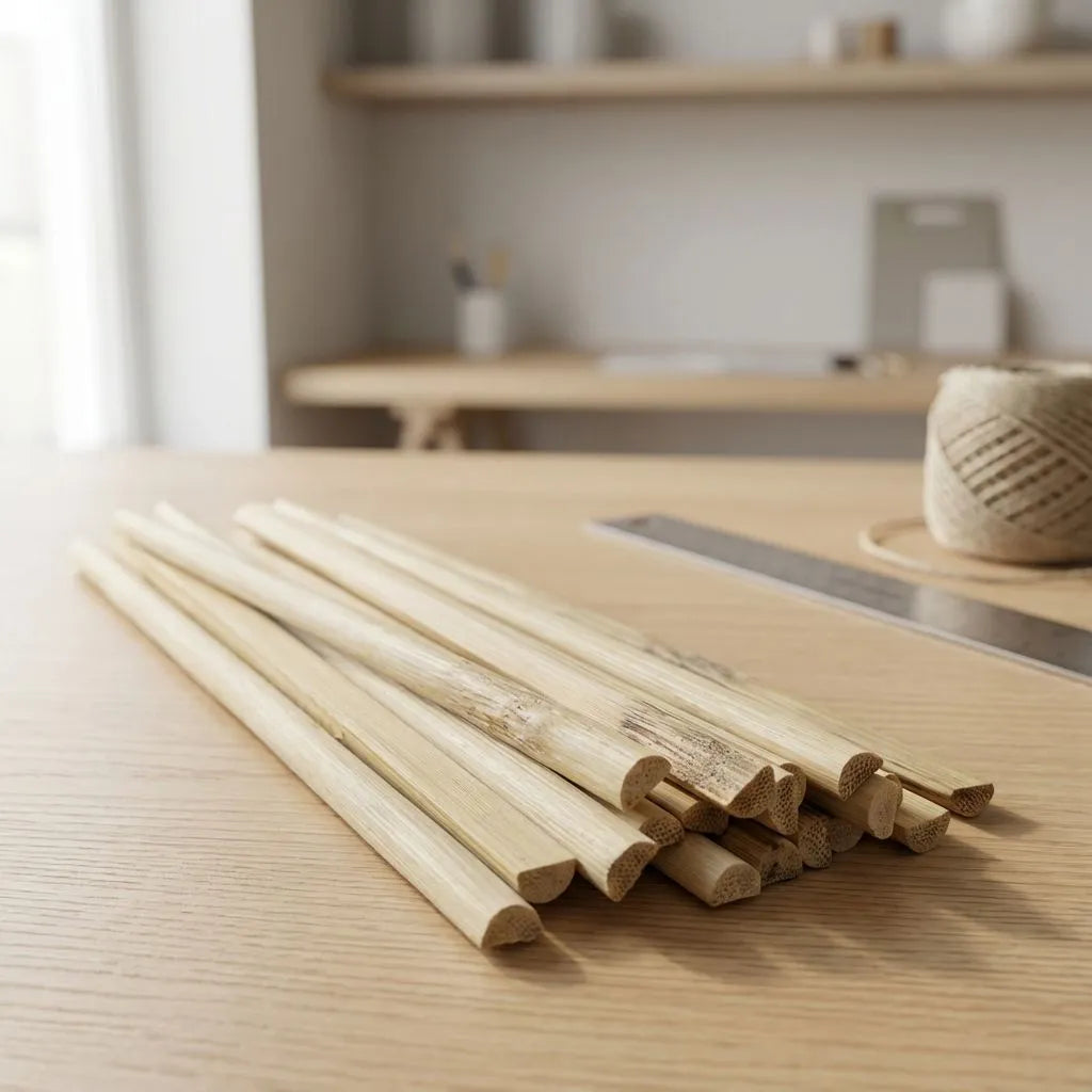 Set of D-shape bamboo stick on a wooden surface with a blurred kitchen background