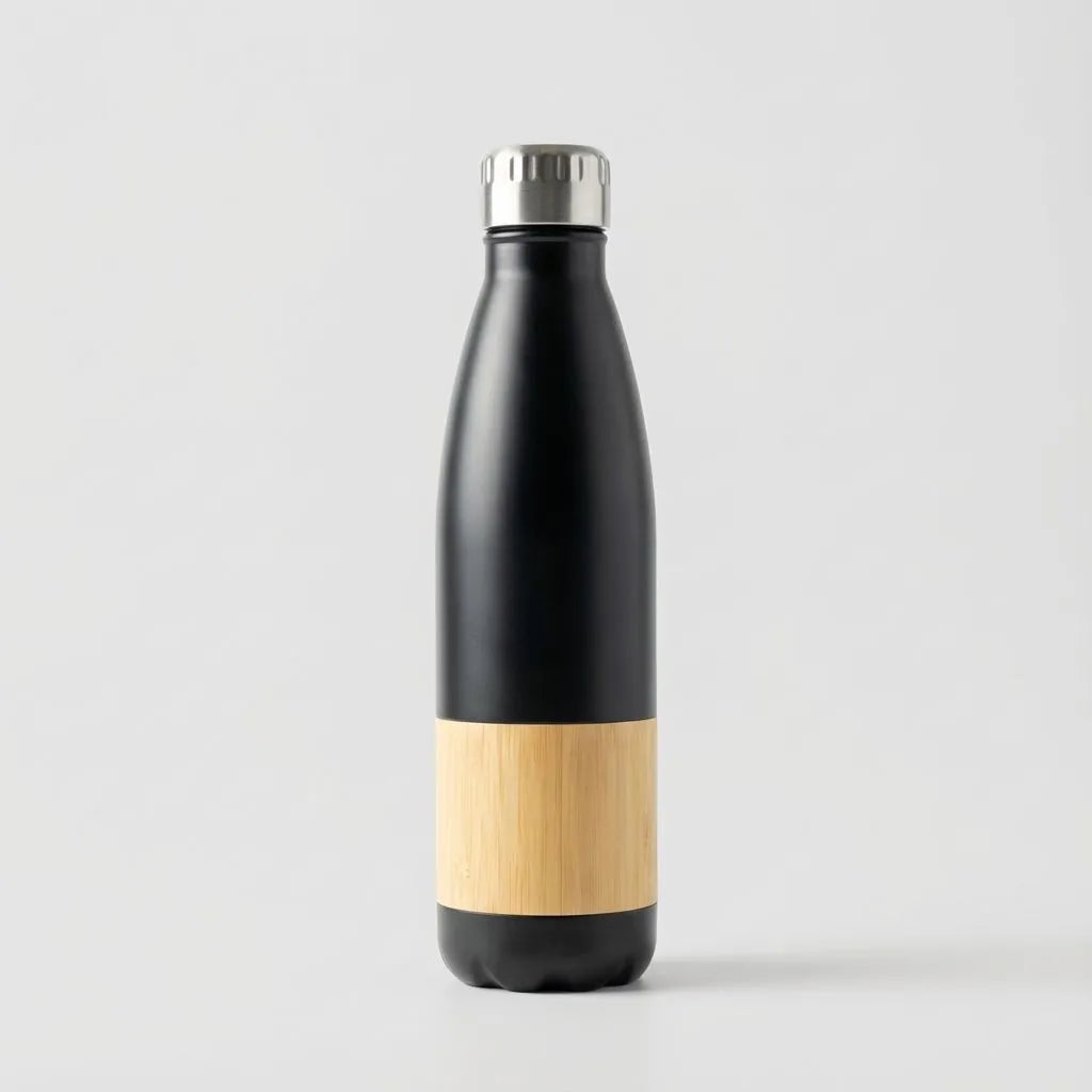 Black and bamboo water bottle on a light gray background
