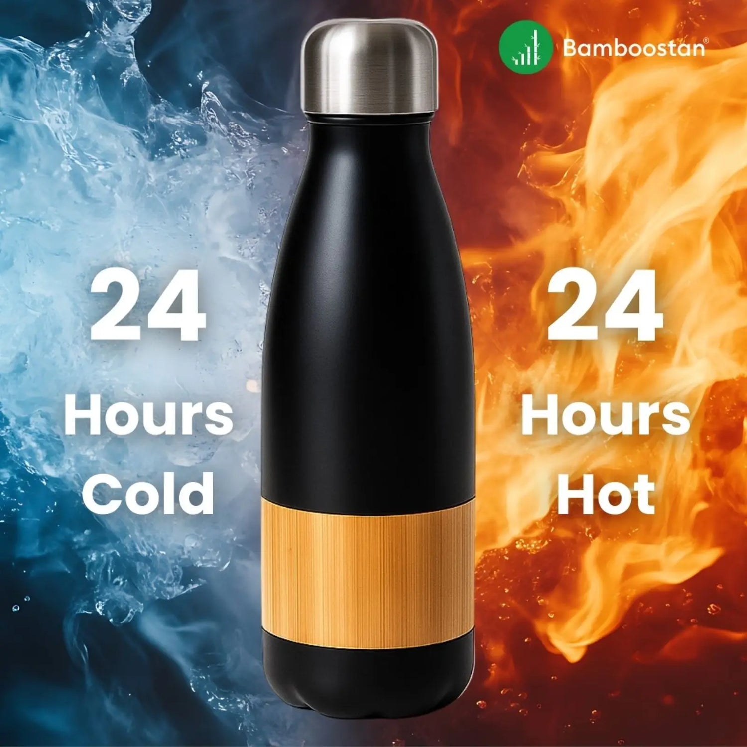 Black and bamboo insulated bottle with '24 Hours Cold' and '24 Hours Hot' text against a fiery and icy background, featuring the brand 'Bamboostan'.