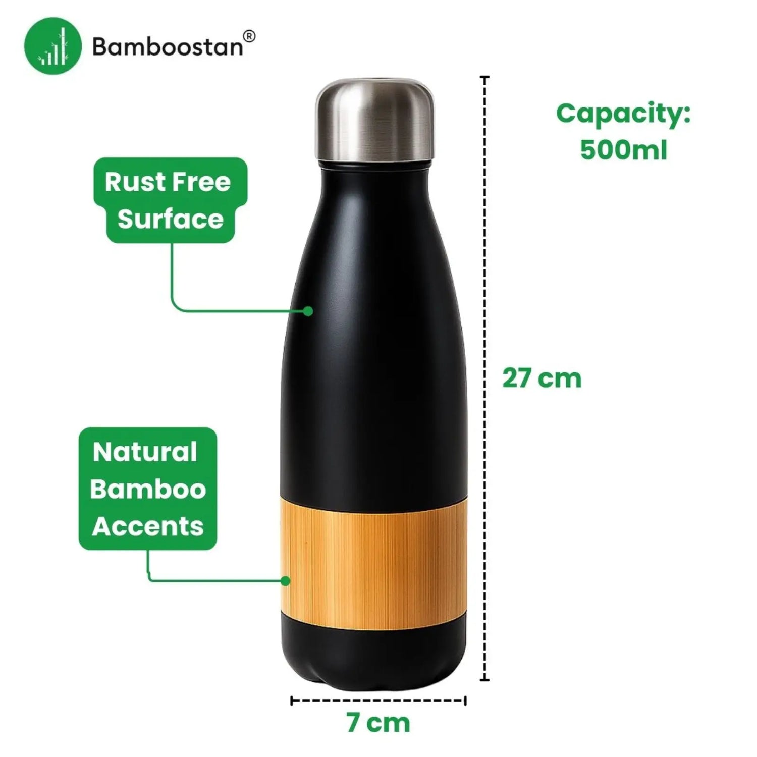 Black and gold insulated bottle with bamboo accents, labeled 'Bamboostan', showing capacity and dimensions.