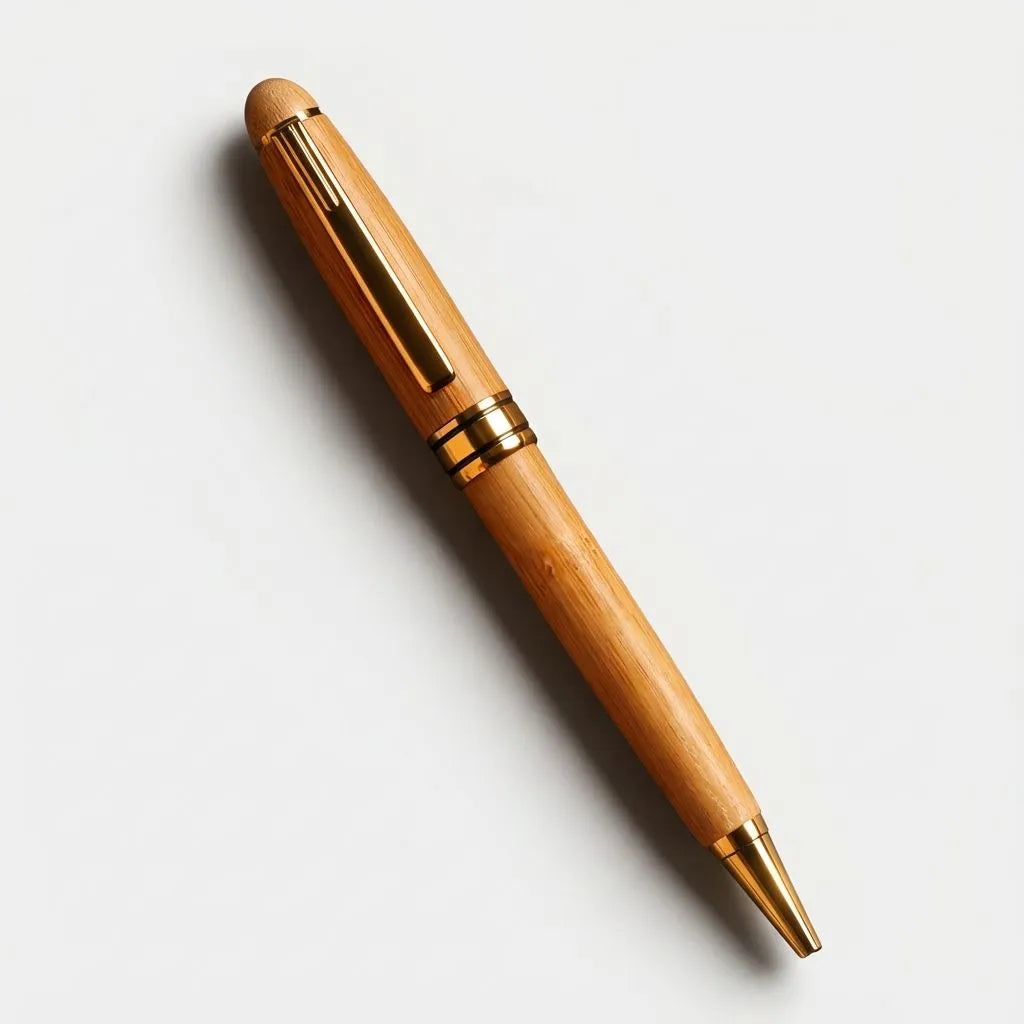 Bamboo pen with gold accents on a light gray background