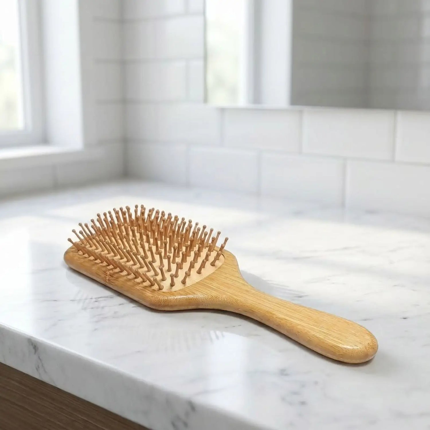 Bamboo hairbrush on a marble countertop with a neutral background