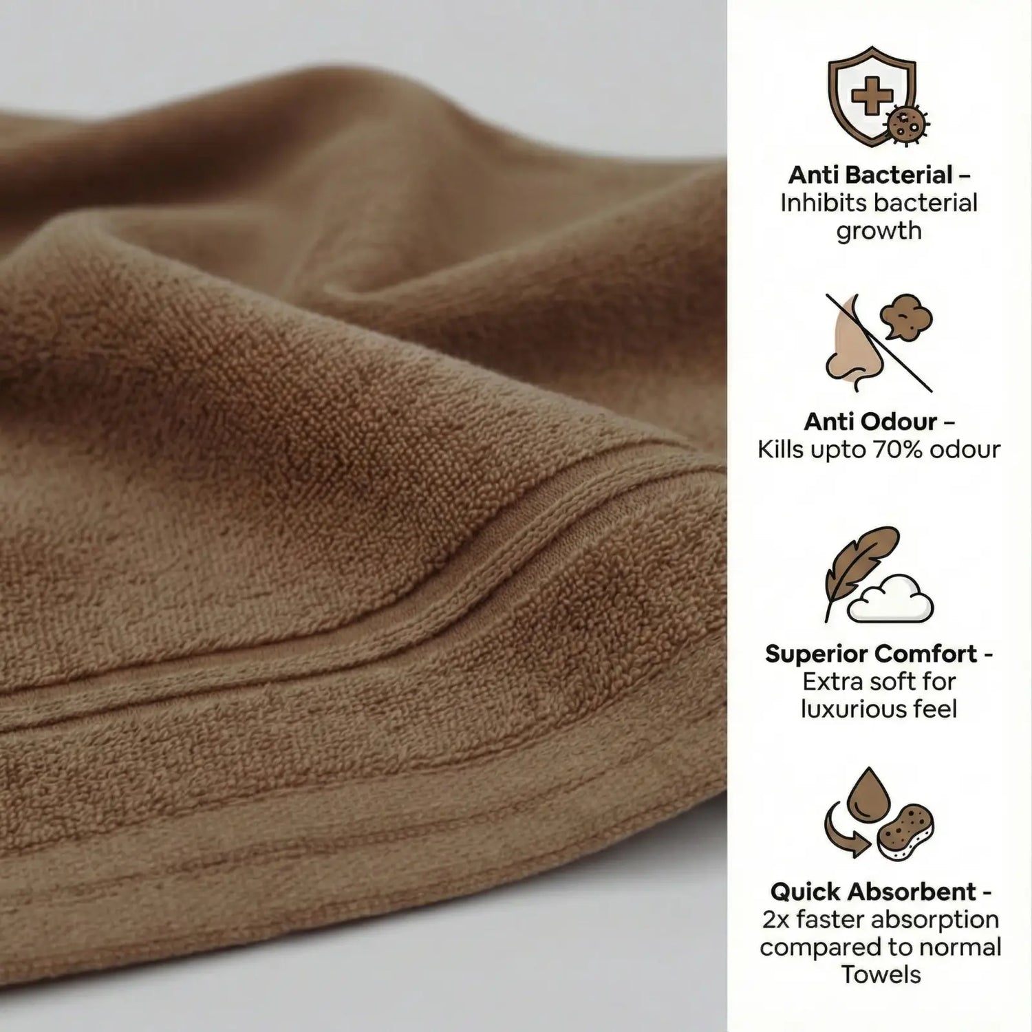 Brown Bamboo hand towel with antibacterial, anti-odor, superior comfort, and quick absorbent features on a white background.