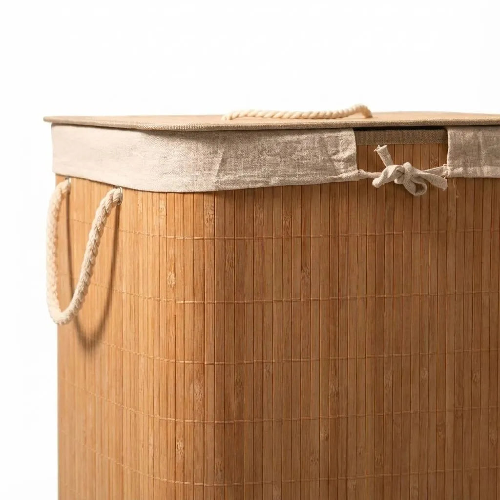 Bamboo laundry basket with a beige lid on a white background
