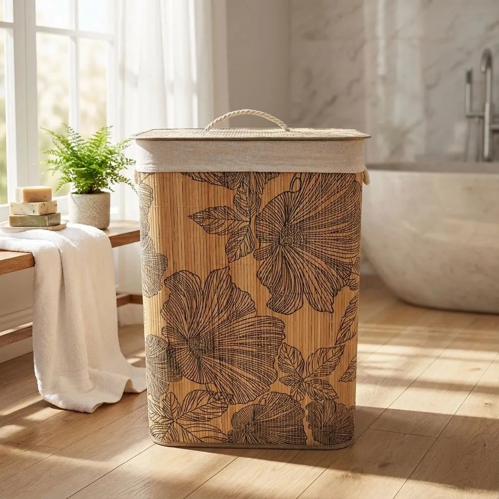 Bamboo laundry basket with floral pattern in a bright room with a window and plant.