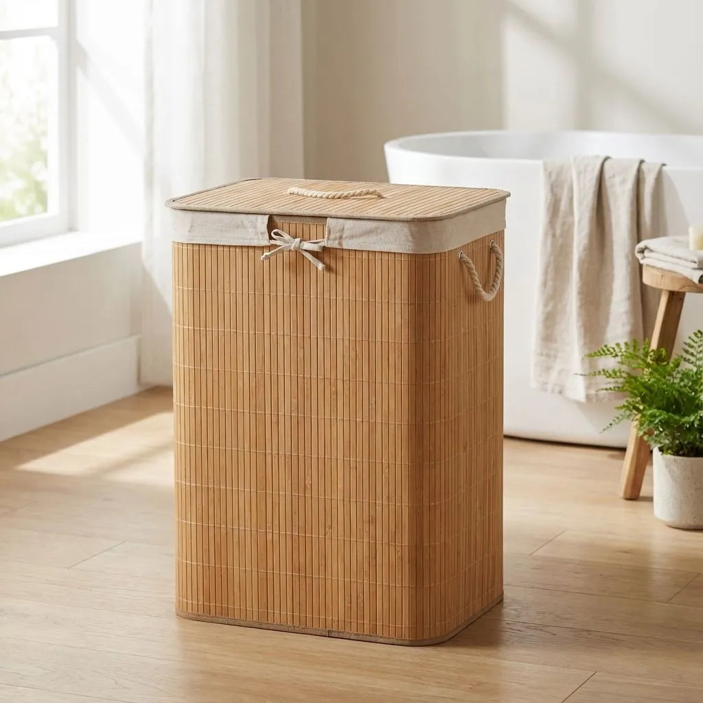 Bamboo laundry basket in a bathroom with a bathtub and window in the background.