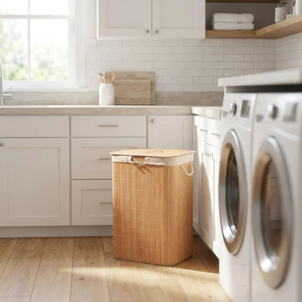 Laundry room with a Bamboo hamper and washing machine.