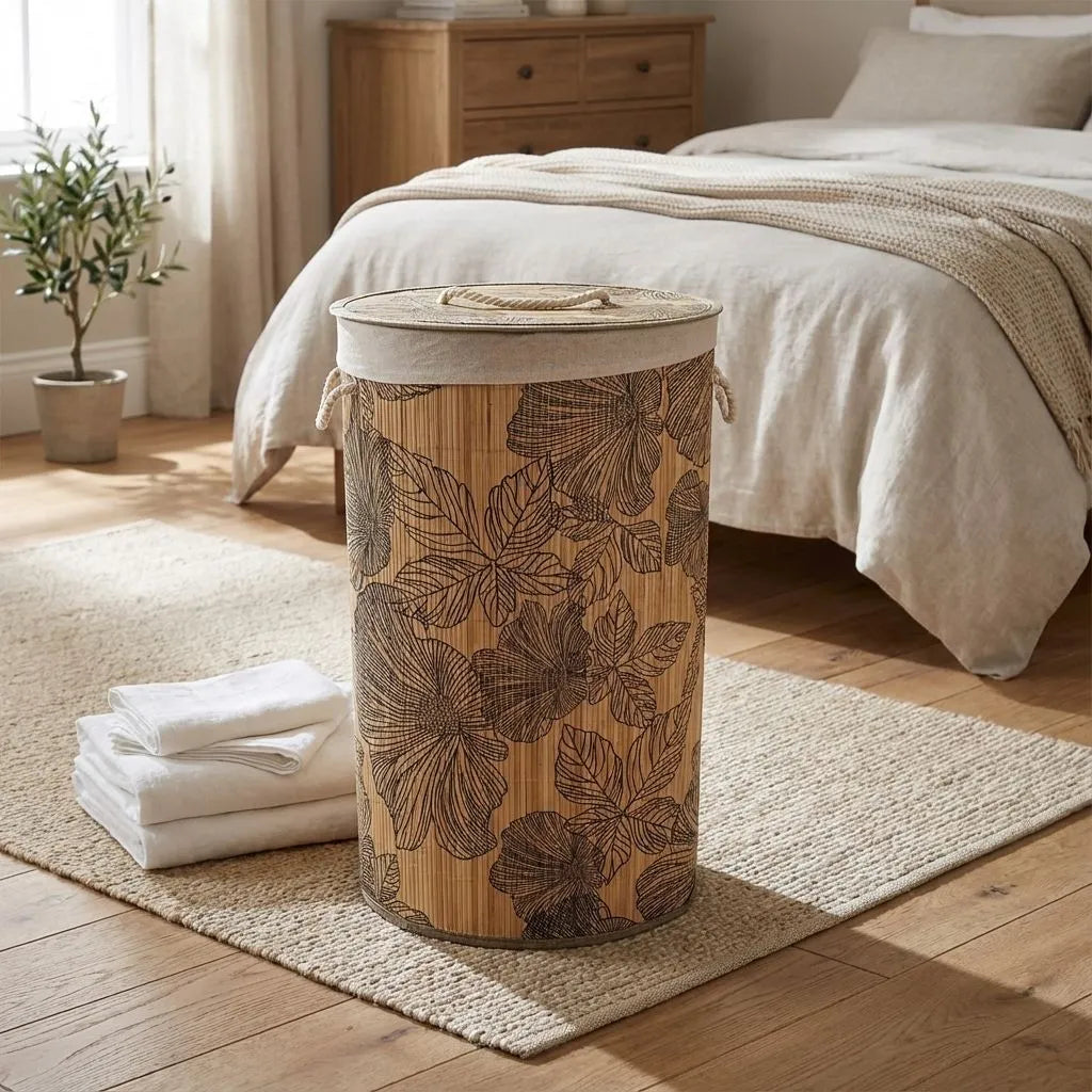 Bamboo laundry basket with floral pattern in a bedroom setting