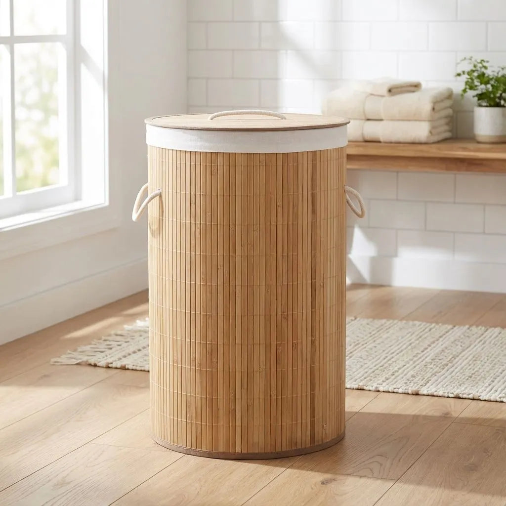 Bamboo laundry basket with a white lid in a bright room with a window and shelves.