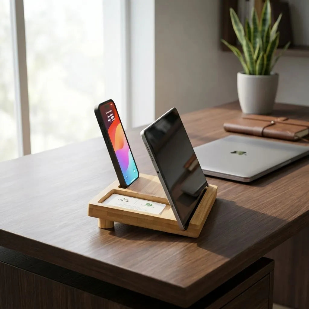Bamboo charging stand with smartphone and tablet on a desk with a laptop and plant in the background.