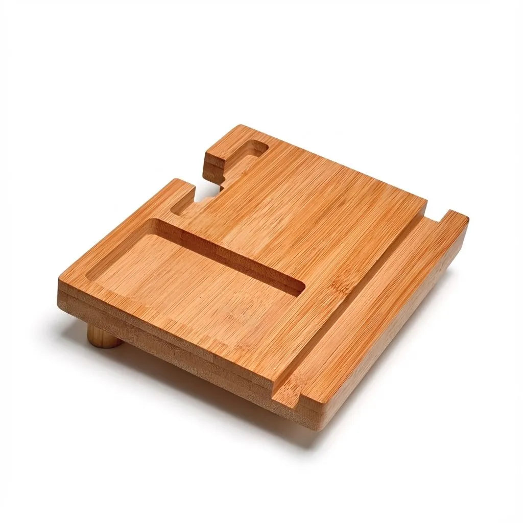 Bamboo multi device stand with divided sections on a white background