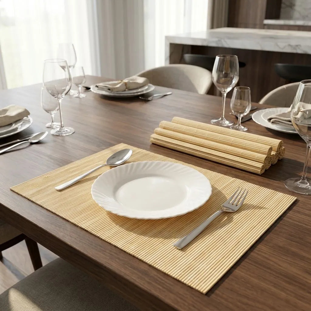 Babmoo placemat set on dining table with plates, glasses, and cutlery on a wooden surface.