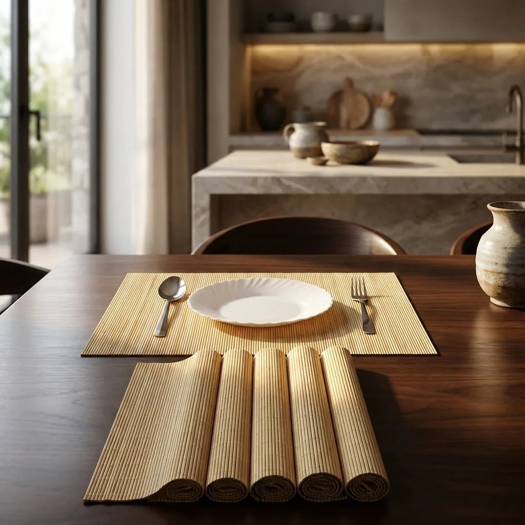 woven bamboo placemats set on dining table with plates, cutlery in a modern kitchen.