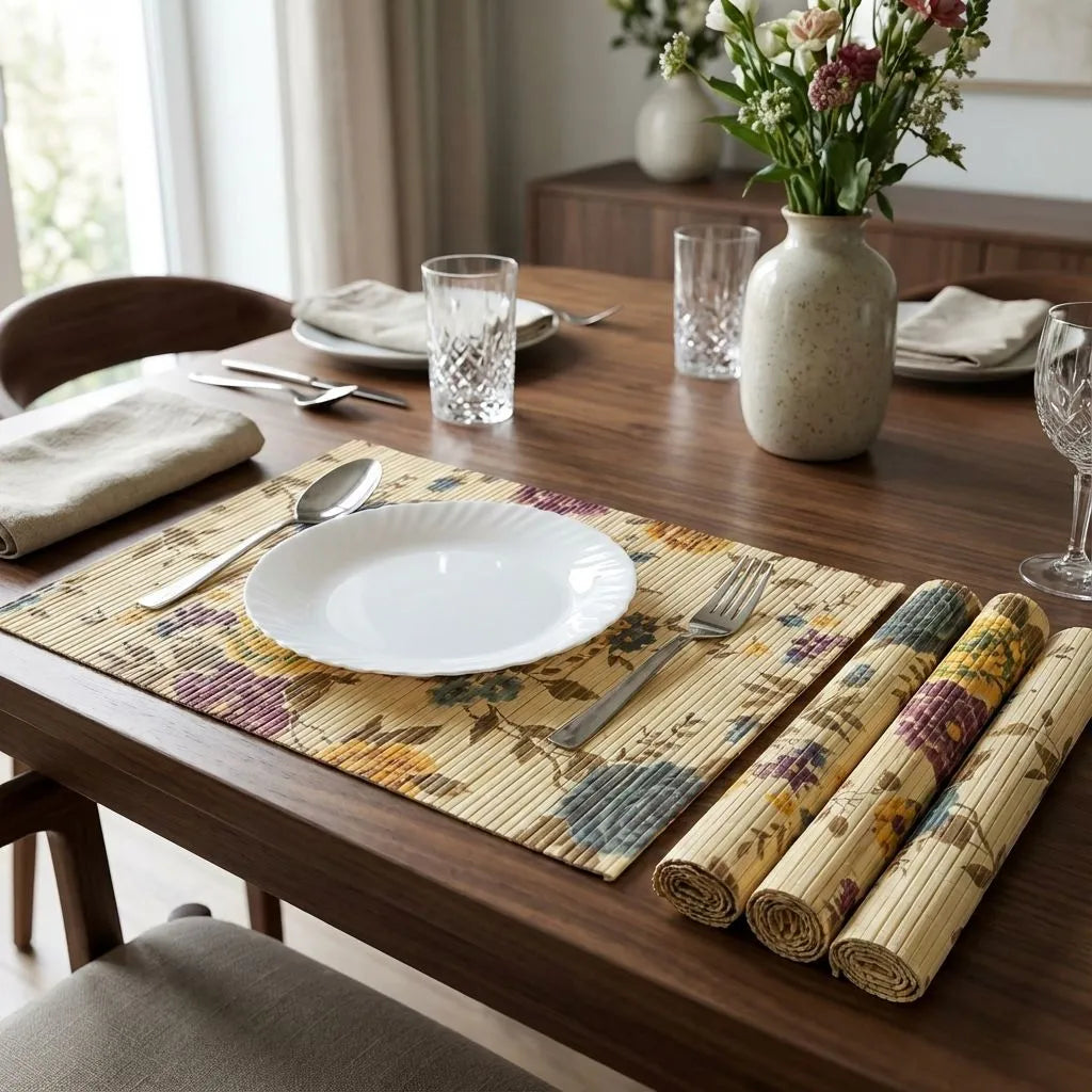Dining table set with floral bamboo placemats, plates, cutlery, and a vase with flowers.