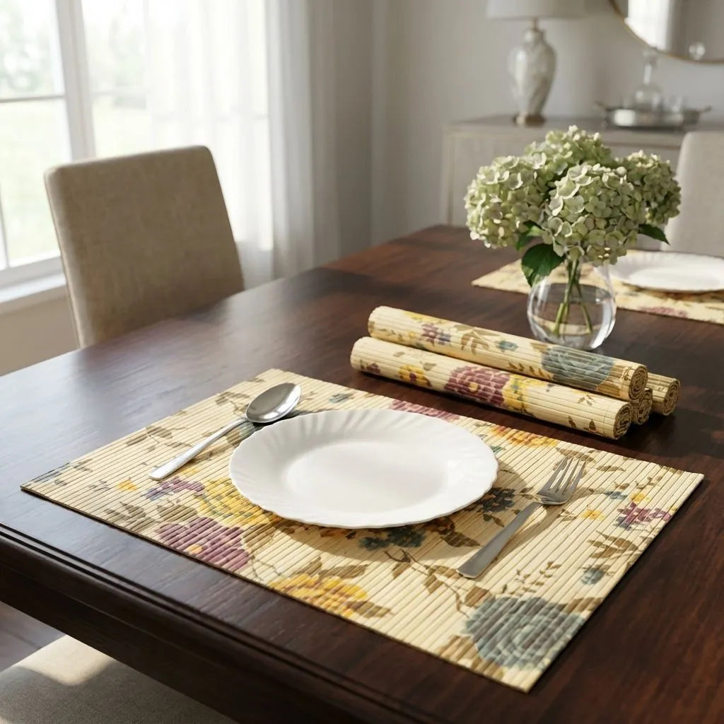 Dining table set with bamboo placemats, plates, cutlery, and a vase of flowers.