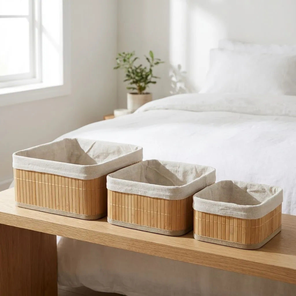 Set of three woven baskets with off- white liners on a wooden surface in a bright room.