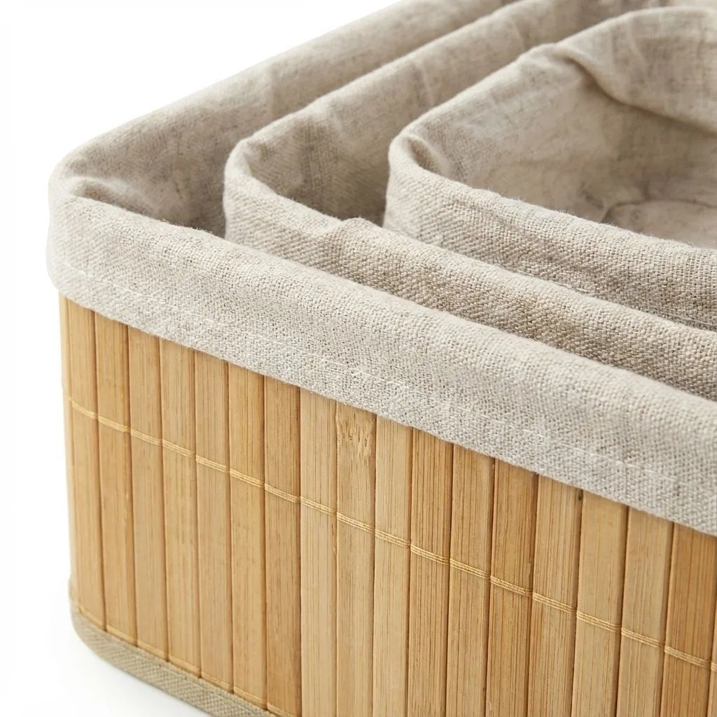 3-Piece Multi Size Bamboo Storage Basket Set showcasing natural bamboo and soft cloth lining.