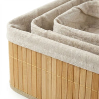 3-Piece Multi Size Bamboo Storage Basket Set showcasing natural bamboo and soft cloth lining.