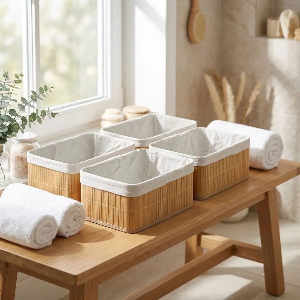 Set of four bamboo baskets with off-white liners on a wooden table near a window.