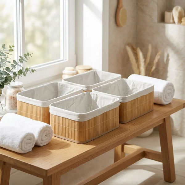 4-Piece Bamboo Storage Basket Set displayed on a wooden table, ideal for home organization and stylish decor.