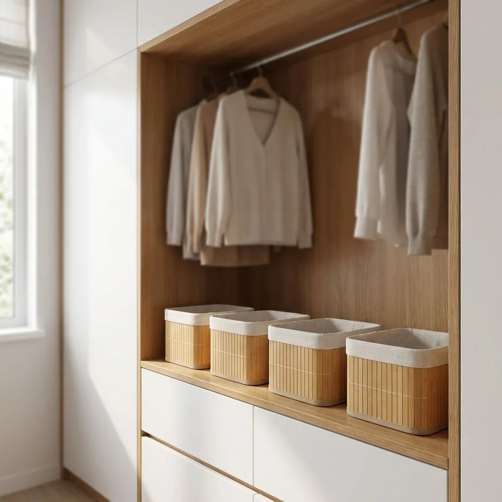Set of four bamboo baskets placed in a open wardrobe with clothes in hangers