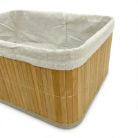 4-Piece Bamboo Storage Basket Set featuring a stylish bamboo design and linen liner for home organization.