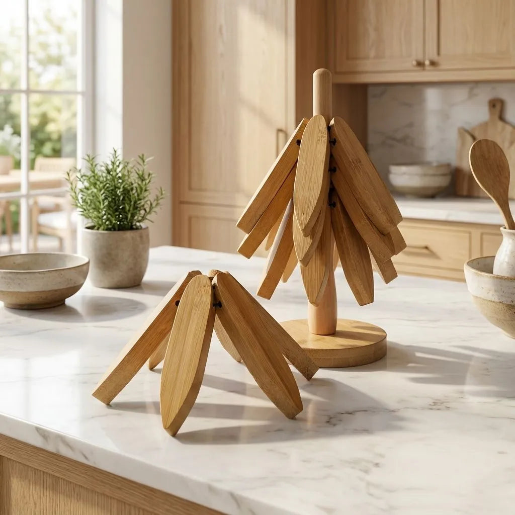 Bamboo tree shaped Trivets on a kitchen counter with natural light.