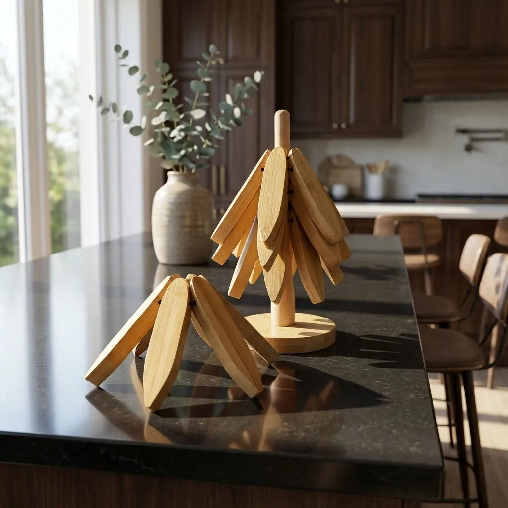 Bamboo tree shaped trivet on a kitchen counter with a vase and plants in the background