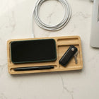 Bamboo Desk Organiser with Wireless Charging — in use