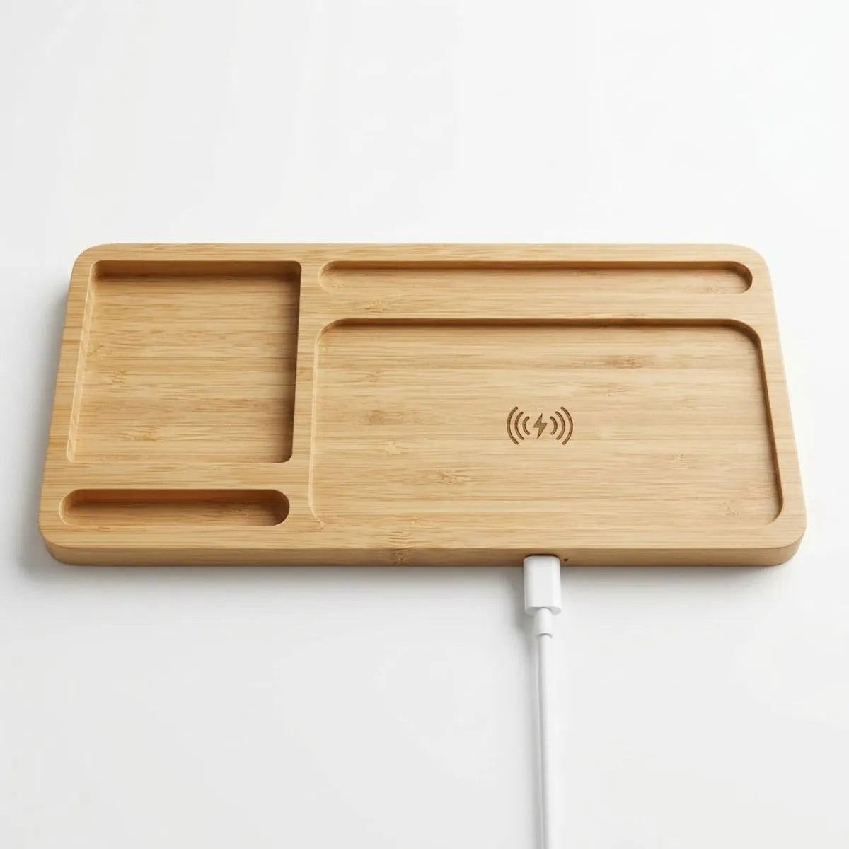 Bamboo Desk Organiser with Wireless Charging — in use (2)