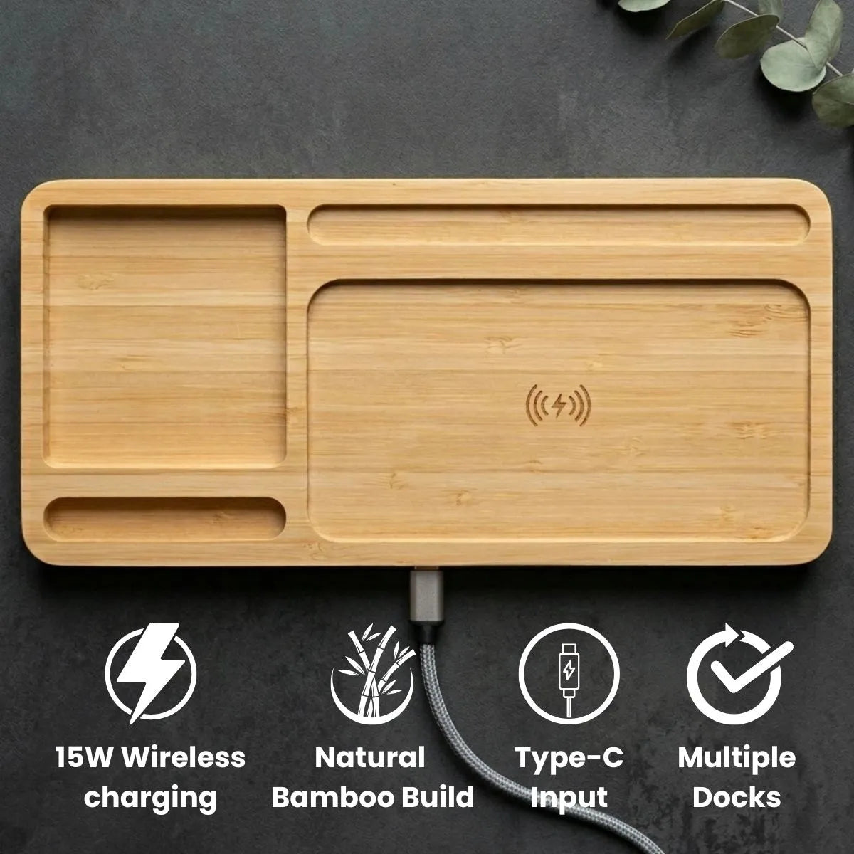 Bamboo Desk Organiser with Wireless Charging — dimensions and specs