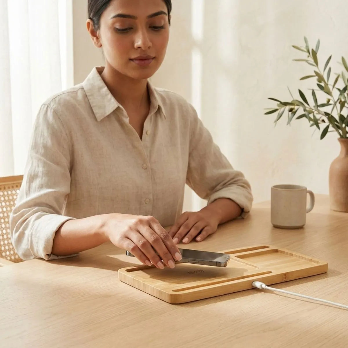 Bamboo Desk Organiser with Wireless Charging — use cases