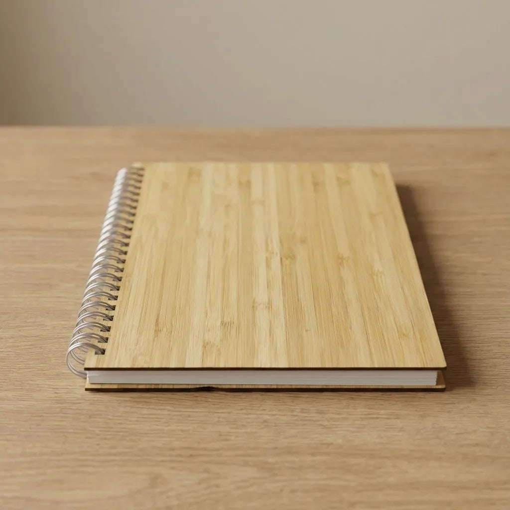 Bamboo notebook with a spiral binding on a wooden surface