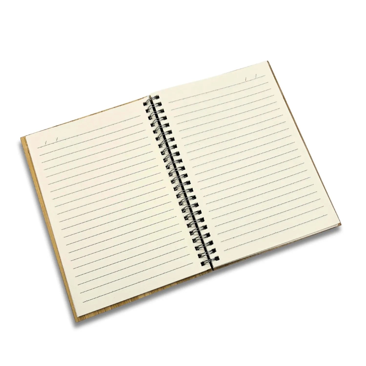 Open notebook with lined pages on a white background