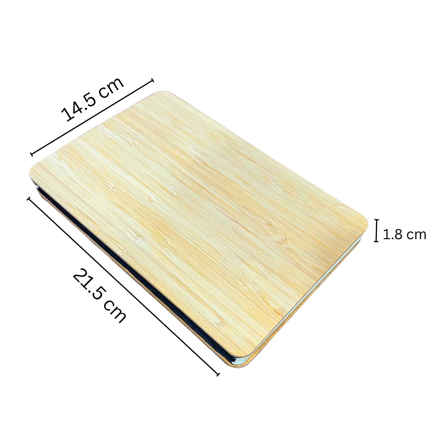 Bamboo cover notebook with dimensions labeled on a white background