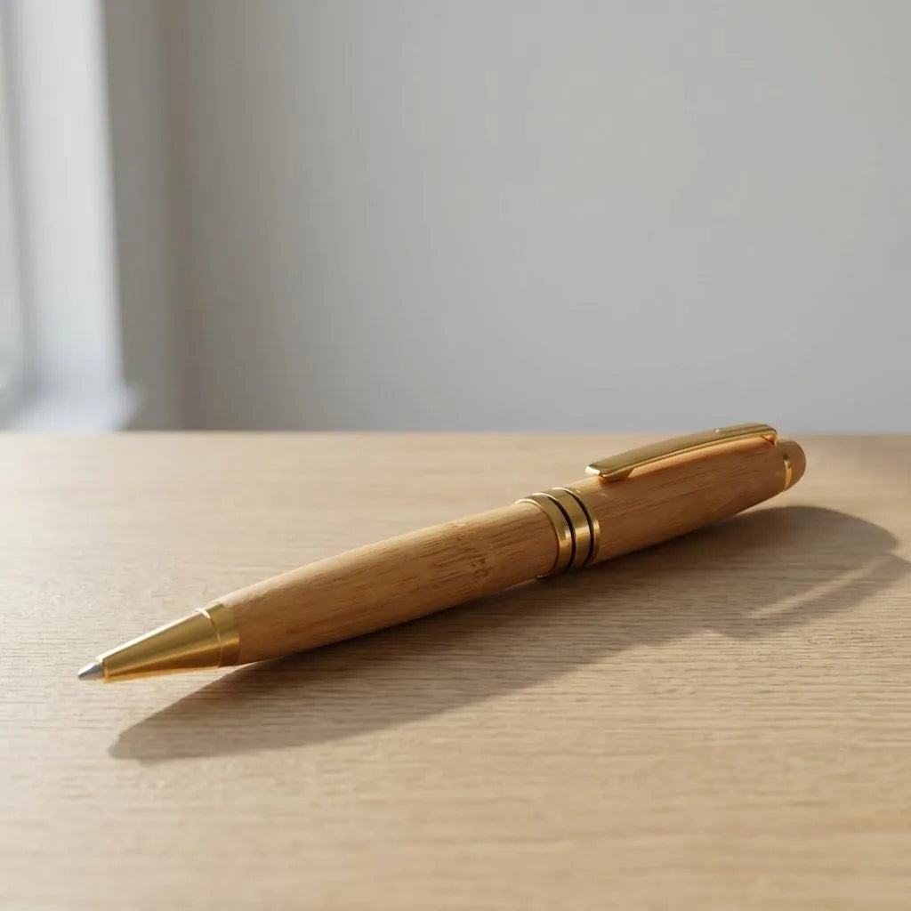 Bamboo pen with gold accents on a wooden surface