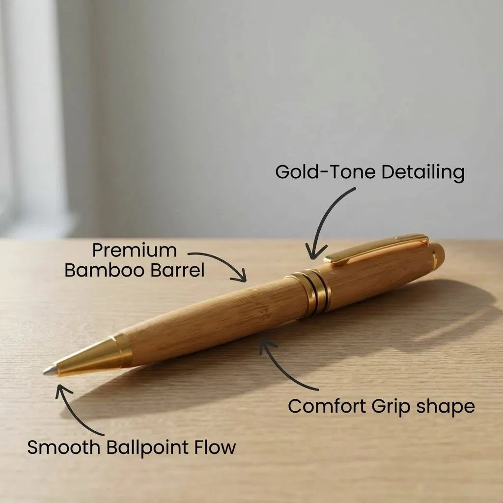 Bamboo pen with gold-tone detailing on a wooden surface