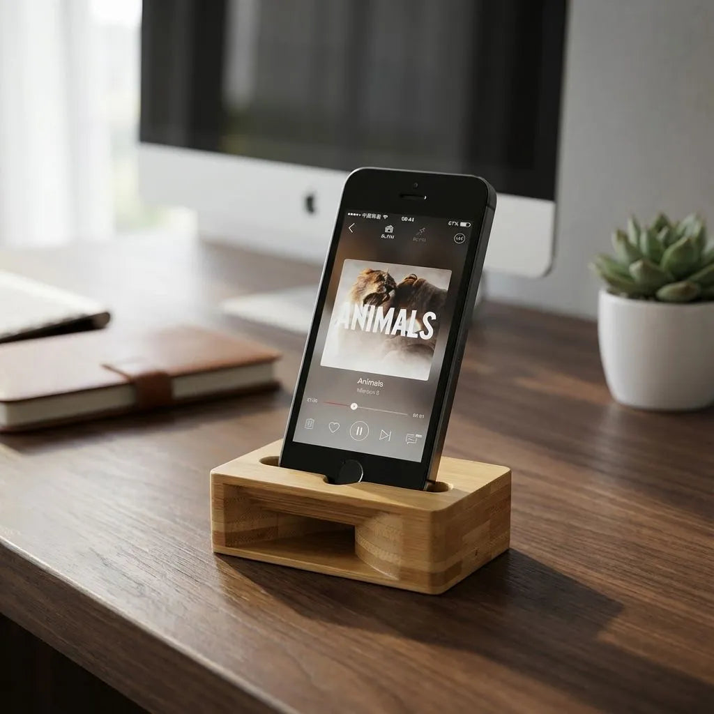 Smartphone on a bamboo amplifier stand displaying an app with a lion image on a desk.