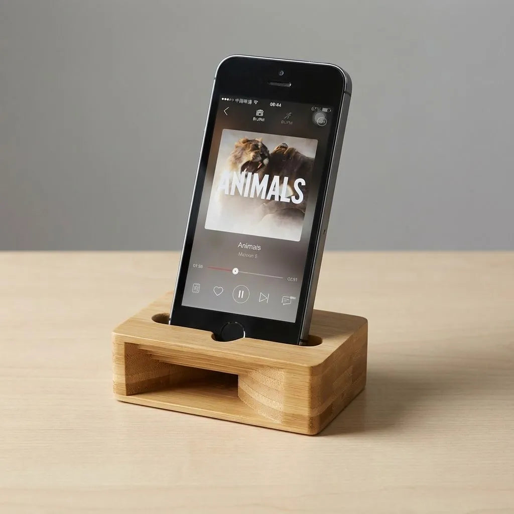 Phone on a bamboo amplifier stand with 'Animals' displayed on the screen, against a neutral background