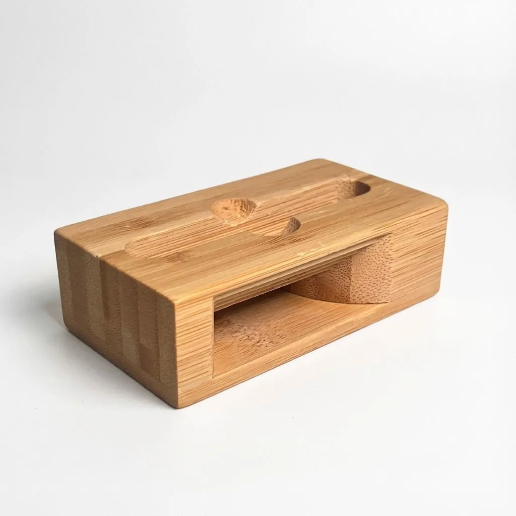 Bamboo amplifier with rectangular cutout on a white background